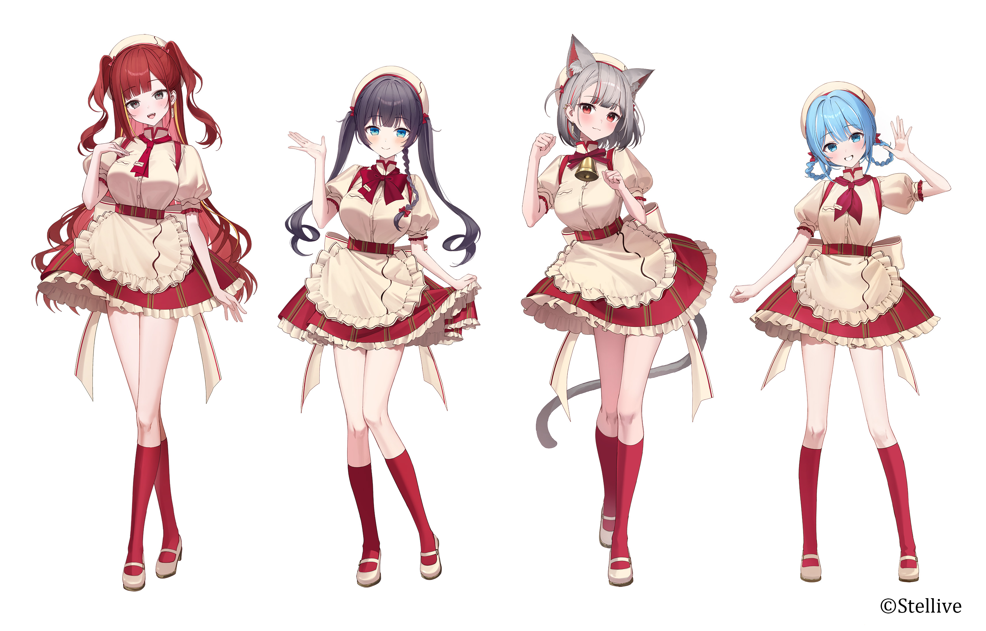 rangu, akane lize, arahashi tabi, neneko mashiro, shirayuki hina, stellive, absurdres, highres, official art, 4girls, animal ears, apron, beret, black hair, blonde hair, blue eyes, blue hair, braid, braided hair rings, cat ears, cat girl, cat tail, full body, grey eyes, grey hair, hair rings, hat, kneehighs, long hair, looking at viewer, multicolored hair, multiple girls, red eyes, red hair, red skirt, red socks, shirt, shoes, short hair, short sleeves, simple background, skirt, socks, standing, streaked hair, tail, twintails, two side up, white background