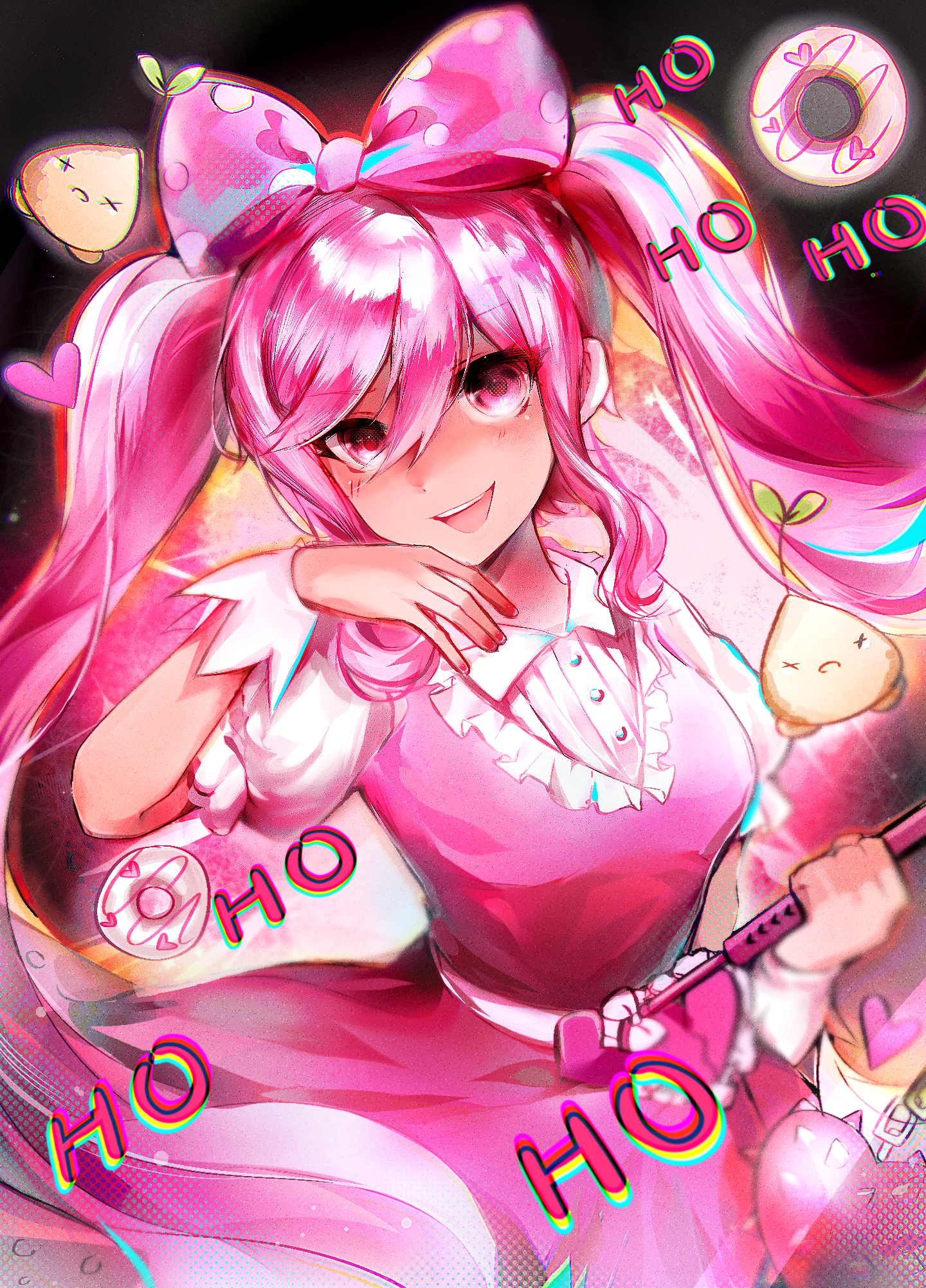 gangsiqiu zhansi, sprout mole, sweetheart (omori), omori, chinese commentary, commentary request, highres, 1girl, ||/, belt, black background, blurry, blush, bow, breasts, buttons, chromatic aberration, collared shirt, dark-skinned female, dark skin, depth of field, donut, double-parted bangs, dress, film grain, food, frilled sleeves, frills, glowing, hair between eyes, hair bow, halftone, hand on own cheek, hand on own face, hand up, head tilt, heart, holding, holding flail, leaf, long hair, looking at viewer, medium breasts, nail polish, pink bow, pink dress, pink eyes, pink hair, polka dot, polka dot bow, red nails, saturated, shirt, sidelocks, simple background, sleeveless, sleeveless dress, solo, turning head, twintails, two-tone bow, upper body, very long hair, white belt, white bow, white shirt, white wrist cuffs, wrist cuffs