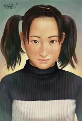 matataku, lowres, brown eyes, brown hair, hair ornament, hairclip, realistic, solo, sweater, turtleneck, twintails