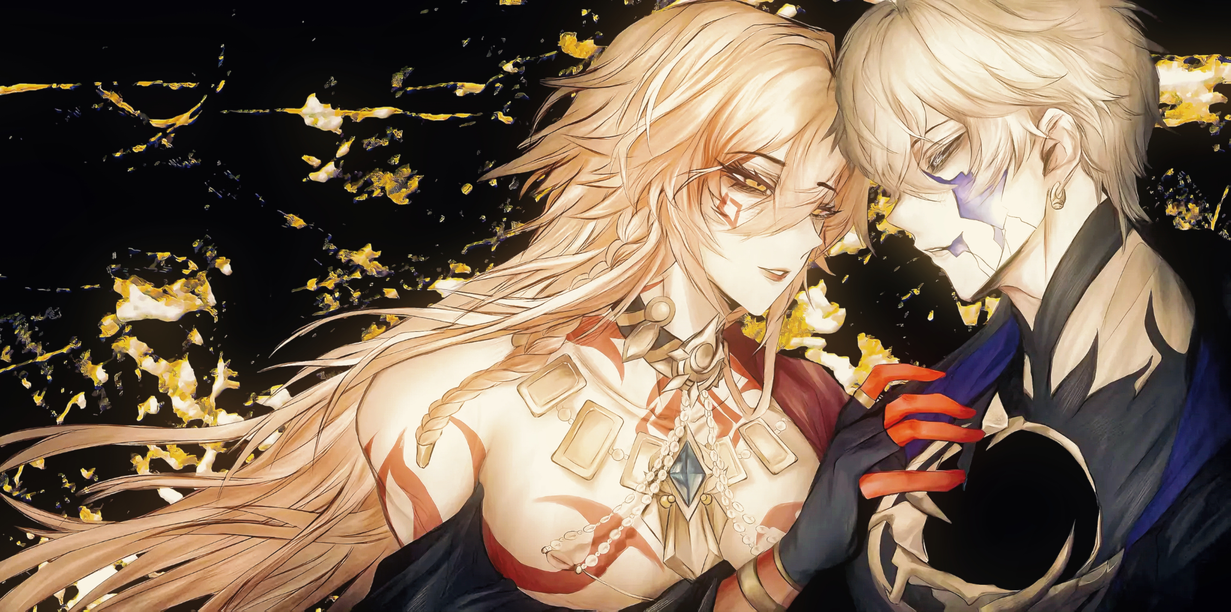 flame reaver of the deepest dark, mydei (honkai: star rail), phainon (honkai: star rail), honkai: star rail, honkai (series), absurdres, chinese commentary, commentary request, highres, 1boy, 1girl, black background, black coat, blonde hair, braid, breast tattoo, breasts, closed eyes, coat, earrings, facial tattoo, genderswap, genderswap (mtf), gold earrings, gold necklace, jewelry, long sleeves, looking at another, medium breasts, necklace, short hair, side braid, tattoo, white hair, xinjinjumin723055998136, yellow blood, yellow eyes