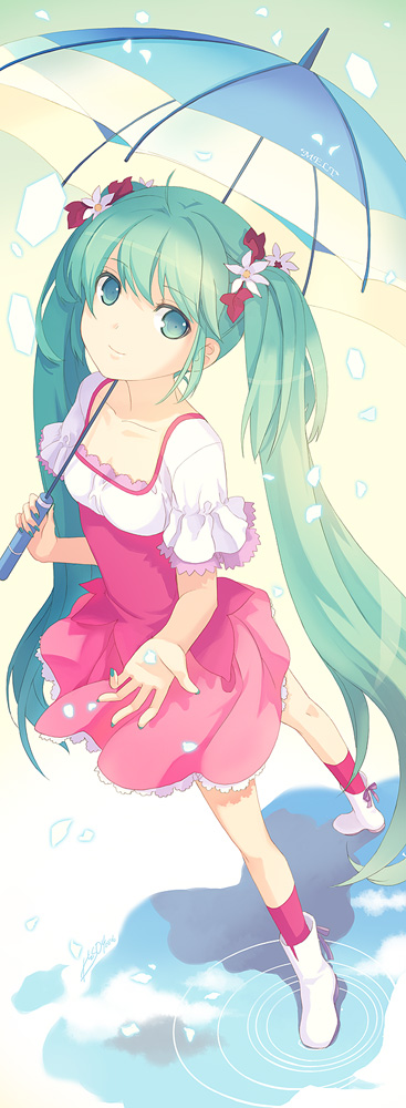 h2so4, hatsune miku, melt (vocaloid), vocaloid, bad id, bad pixiv id, 1girl, boots, female focus, green eyes, green hair, green nails, long hair, matching hair/eyes, nail polish, smile, solo, twintails, umbrella