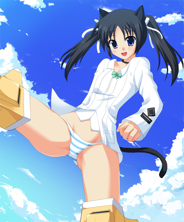 odaya, odayan, francesca lucchini, strike witches, world witches series, 00s, 1girl, black hair, female focus, flying, panties, short hair, solo, striped clothes, striped panties, tail, twintails, underwear