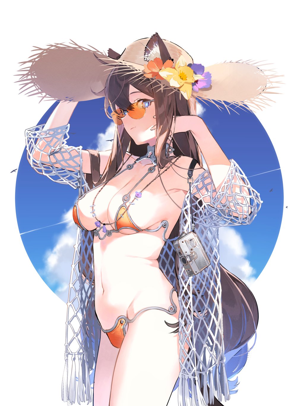 ierotak, original, commentary, english commentary, highres, 1girl, animal ears, bare shoulders, bikini, blue sky, blush, borrowed character, breasts, brown hair, camera, cloud, cowboy shot, day, ears through headwear, fishnets, flower, hair ornament, hand on headwear, hat, hat flower, looking at viewer, medium breasts, navel, o-ring, o-ring bikini, orange bikini, outdoors, sky, smile, solo, standing, stomach, straw hat, string bikini, sun hat, swimsuit, tail
