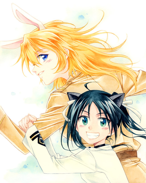 agahari, charlotte e. yeager, francesca lucchini, strike witches, world witches series, bad id, bad pixiv id, traditional media, 00s, 2girls, animal ears, black hair, blue eyes, cat ears, green eyes, grin, multiple girls, orange hair, rabbit ears, rabbit girl, smile