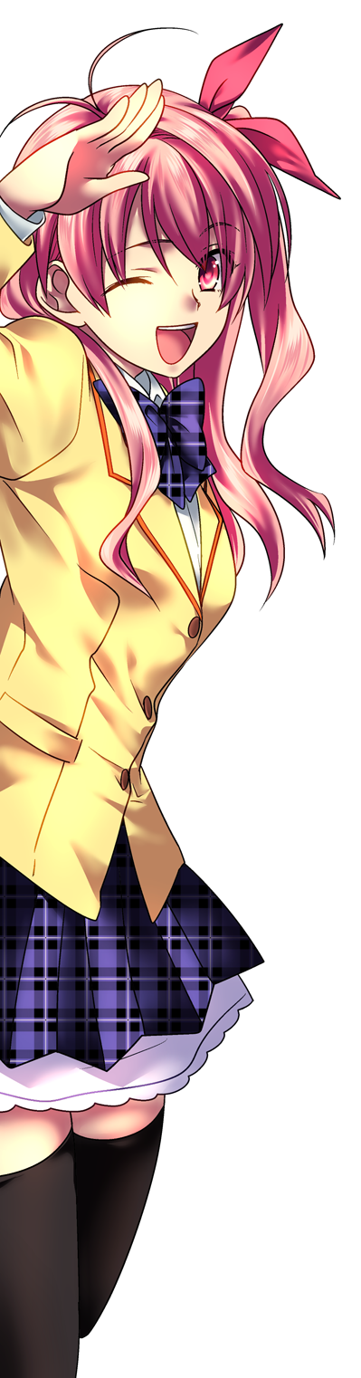 ikuhashi muiko, sakihata rimi, chaos;head, science adventure, highres, 1girl, :d, black thighhighs, blazer, blush, bow, bowtie, brown jacket, collared shirt, hair bow, hair ribbon, jacket, lapels, long hair, long sleeves, looking at viewer, notched lapels, one eye closed, open mouth, pink eyes, pink hair, plaid bow, plaid bowtie, plaid clothes, plaid skirt, pleated skirt, red trim, ribbon, school uniform, shirt, simple background, skirt, smile, solo, suimei academy school uniform, thighhighs, white background, white shirt, zettai ryouiki