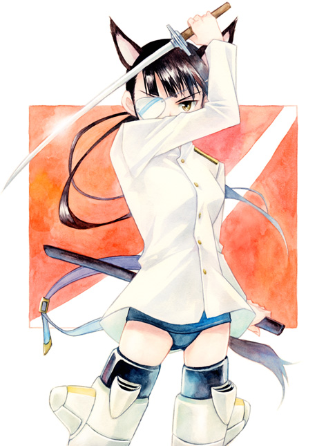 agahari, sakamoto mio, strike witches, world witches series, bad id, bad pixiv id, calligraphy brush (medium), traditional media, 00s, 1girl, animal ears, black hair, eyepatch, female focus, holding, katana, no pants, one-piece swimsuit, scabbard, school swimsuit, sheath, solo, striker unit, swimsuit, swimsuit under clothes, sword, tail, weapon, yellow eyes