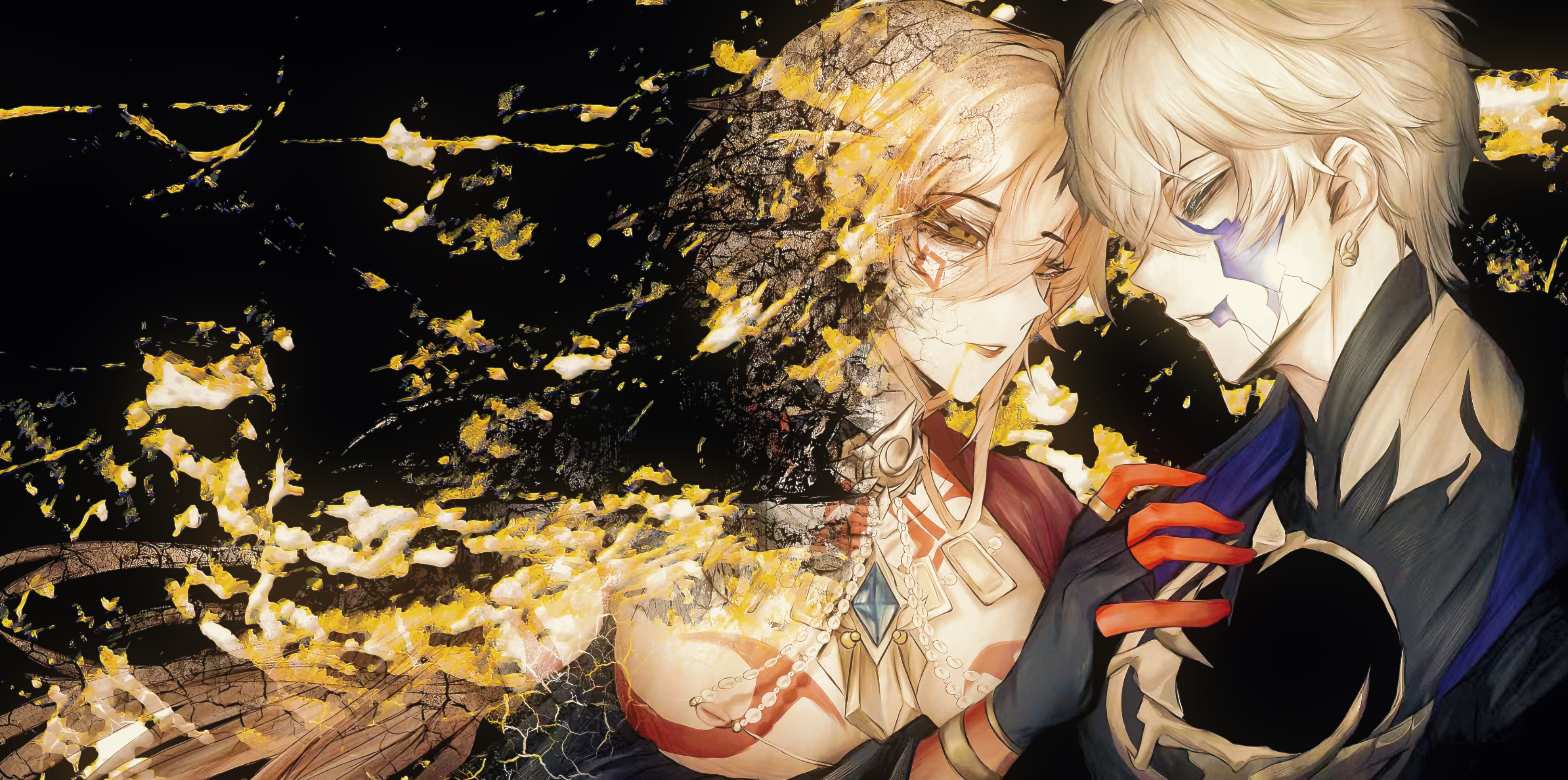 flame reaver of the deepest dark, mydei (honkai: star rail), phainon (honkai: star rail), honkai: star rail, honkai (series), absurdres, chinese commentary, commentary request, highres, 1boy, 1girl, black background, black coat, blonde hair, braid, breast tattoo, breasts, closed eyes, coat, disintegration, earrings, facial tattoo, genderswap, genderswap (mtf), gold earrings, gold necklace, jewelry, long sleeves, looking at another, medium breasts, necklace, short hair, side braid, tattoo, white hair, xinjinjumin723055998136, yellow blood, yellow eyes