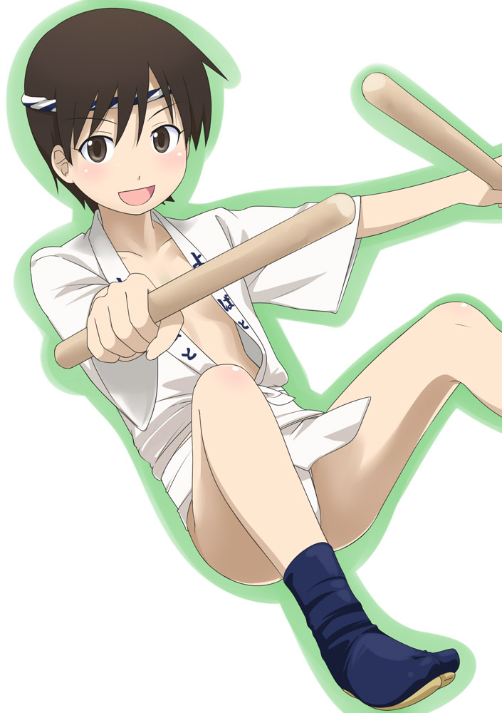 youkan, hayasaka miura, yotsubato!, 1girl, blush, brown eyes, brown hair, female focus, flat chest, fundoshi, hachimaki, headband, japanese clothes, mizu happi, nejiri hachimaki, open clothes, open shirt, shirt, short hair, smile, solo, tabi