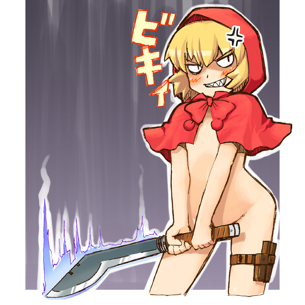 jingai modoki, b.b. hood, capcom, darkstalkers, 1girl, anger vein, blonde hair, blush, bottomless, censored, convenient censoring, cropped legs, female focus, grin, holster, hood, knife, kukri, machete, sharp teeth, simple background, smile, solo, teeth, thigh holster, weapon
