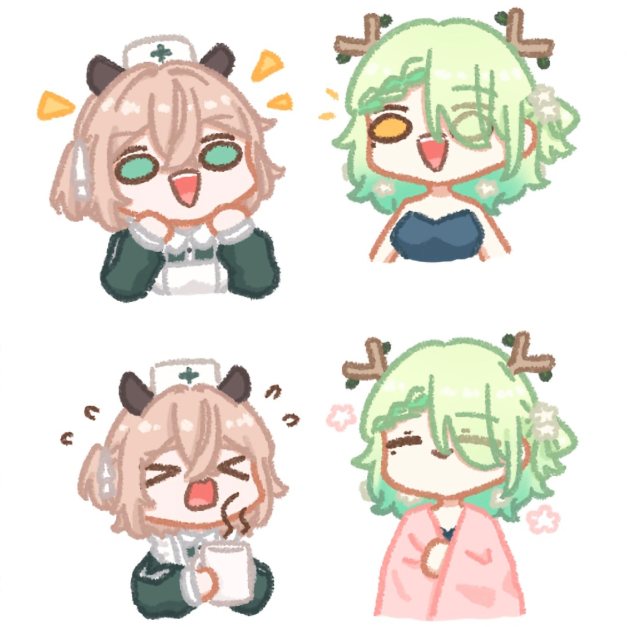 sappysque, ceres fauna, nimi nightmare, hololive, hololive english, indie virtual youtuber, highres, > <, 2girls, ^ ^, animal ears, apron, aqua eyes, aqua hair, blanket, braid, branch, closed eyes, cup, english text, hair ribbon, hat, long hair, medium hair, mole, mole under eye, mug, multiple girls, nurse cap, open mouth, ribbon, side ponytail, smile, tapir ears, virtual youtuber, voice actor connection, yellow eyes