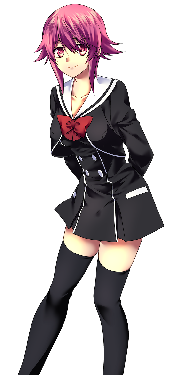 ikuhashi muiko, onoe serika, chaos;child, science adventure, highres, 1girl, arms behind back, black thighhighs, blush, bow, breasts, collarbone, cropped jacket, dress, hair ornament, hekiho academy school uniform, long sleeves, looking at viewer, medium breasts, miniskirr, pink eyes, pink hair, sailor collar, school uniform, serafuku, short dress, short hair, short hair with long locks, simple background, smile, solo, standing, thighhighs, white background, white sailor collar, white trim, zettai ryouiki