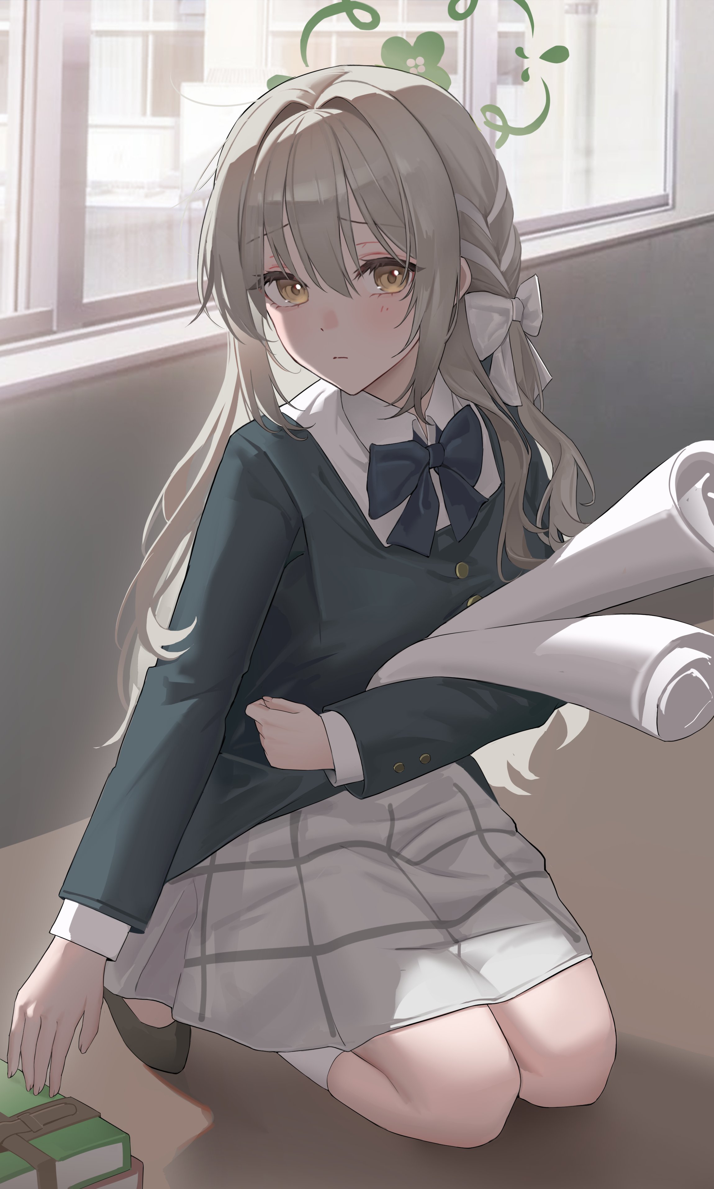 ggoong (pooplambgoong22), miyo (blue archive), blue archive, absurdres, highres, 1girl, blazer, blue bow, book, bow, bowtie, braid, collar, collared shirt, dot nose, green halo, grey hair, hair between eyes, hair bow, hair intakes, halo, holding, indoors, jacket, long hair, looking at viewer, plaid clothes, plaid skirt, seiza, shirt, sidelocks, sitting, skirt, socks, white bow, white collar, white shirt, white skirt, white socks, white streaks, window, yellow eyes