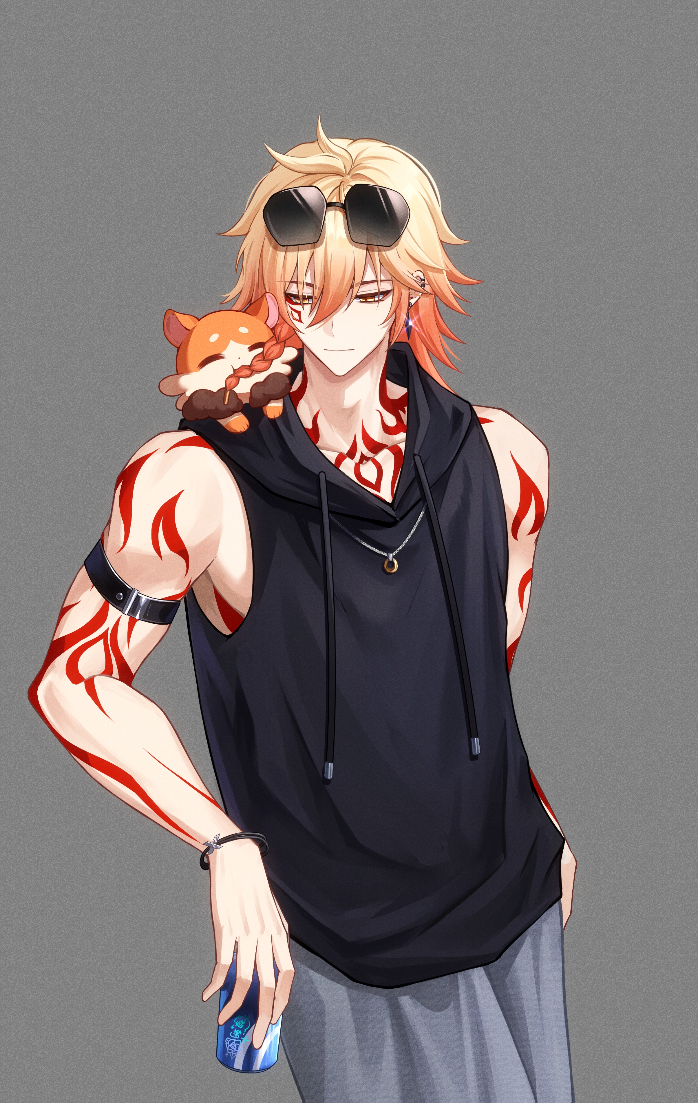 mydei (fig stew) (honkai: star rail), mydei (honkai: star rail), honkai: star rail, honkai (series), absurdres, chinese commentary, commentary request, highres, 1boy, armband, black hoodie, blonde hair, braid, can, chest tattoo, chimera (honkai: star rail), drawstring, earrings, eating hair, eyewear on head, facial tattoo, gold earrings, gold necklace, gradient hair, grey background, holding, holding can, hood, hood down, hoodie, jewelry, jiangzizhuiyue, male focus, medium hair, multicolored hair, necklace, pants, red hair, red tattoo, side braid, simple background, sleeveless, sleeveless hoodie, solo, sunglasses, sweatpants, tattoo, yellow eyes