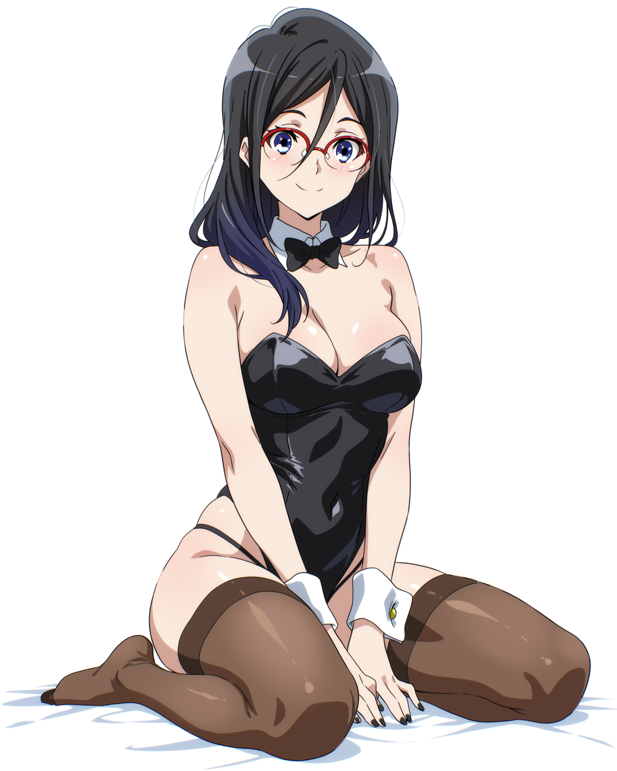 sbel02, tanaka asuka, hibike! euphonium, highres, 1girl, black bow, black bowtie, black hair, black leotard, black nails, blue eyes, bow, bowtie, breasts, brown thighhighs, cleavage, closed mouth, full body, glasses, large breasts, leotard, long hair, looking at viewer, red-framed eyewear, simple background, sitting, smile, solo, thighhighs, thighs, wariza, white background