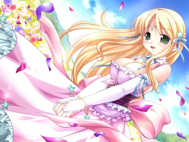 akiyoshi yoshiaki, gohoushi princess, 1girl, blonde hair, blush, bracelet, breasts, breasts squeezed together, cleavage, corset, dress, female focus, gloves, gown, green eyes, jewelry, large breasts, princess, ribbon, solo, thighhighs