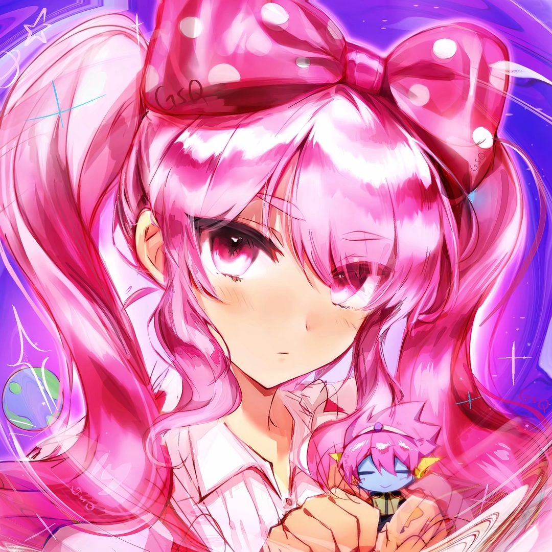 gangsiqiu zhansi, captain spaceboy, sweetheart (omori), omori, chinese commentary, commentary request, 1girl, bow, character doll, closed mouth, collared shirt, doll, earth (planet), eyes visible through hair, hair between eyes, hair bow, hands up, head tilt, holding, holding doll, long hair, looking at viewer, outline, pink bow, pink eyes, pink hair, pink outline, planet, polka dot, polka dot bow, portrait, purple background, saturated, shirt, sidelocks, simple background, sparkle, star (symbol), swept bangs, twintails, two-tone bow, v-shaped eyebrows, wavy hair, white bow, white shirt