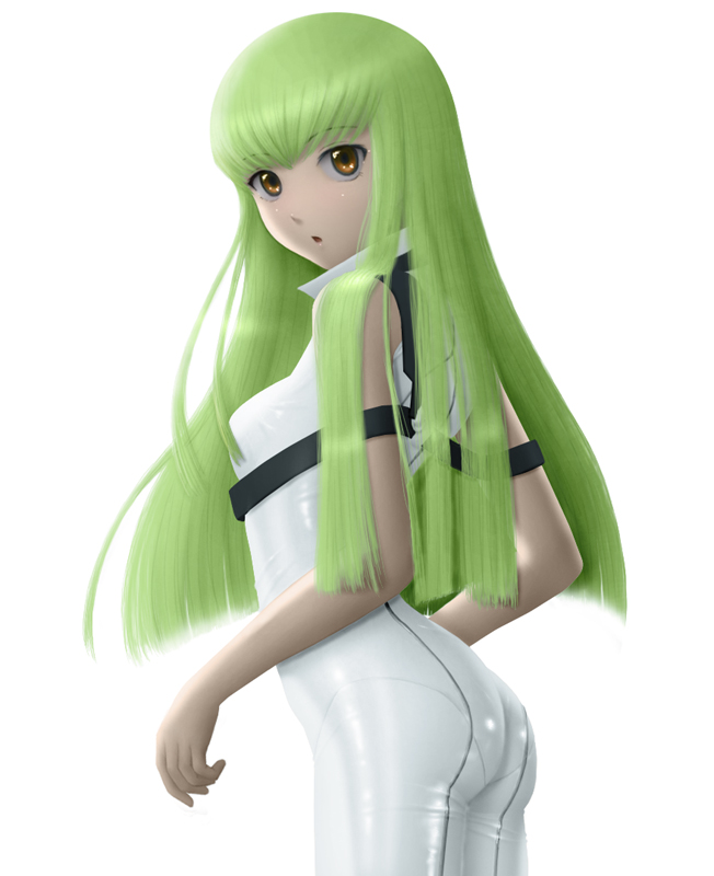 siraha, c.c., code geass, 00s, 1girl, :o, ass, bare shoulders, bodysuit, brown eyes, female focus, green hair, parted lips, realistic, robe, simple background, skin tight, solo, turtleneck