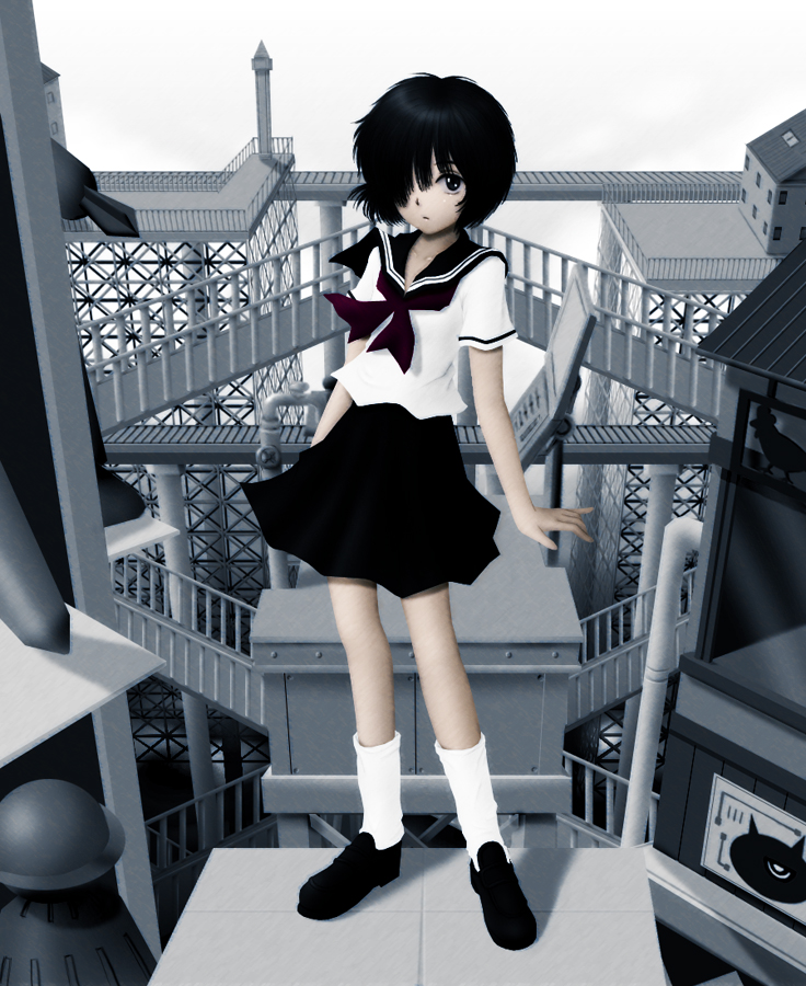 siraha, urabe mikoto, nazo no kanojo x, bad id, bad pixiv id, 1girl, black hair, female focus, hair over one eye, school uniform, serafuku, short hair, solo