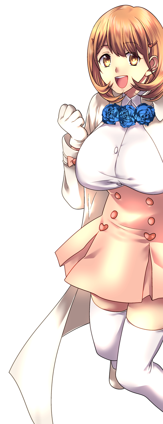 ikuhashi muiko, narusawa ryouka, occultic;nine, science adventure, highres, 1girl, :d, blush, breasts, brown eyes, brown hair, full body, gloves, hair ornament, hairclip, heart, heart hair ornament, huge breasts, large breasts, long sleeves, looking at viewer, open mouth, school uniform, shirt, short hair, simple background, skirt, smile, solo, standing, thighhighs, thighs, white background, white gloves, white thighhighs, zettai ryouiki