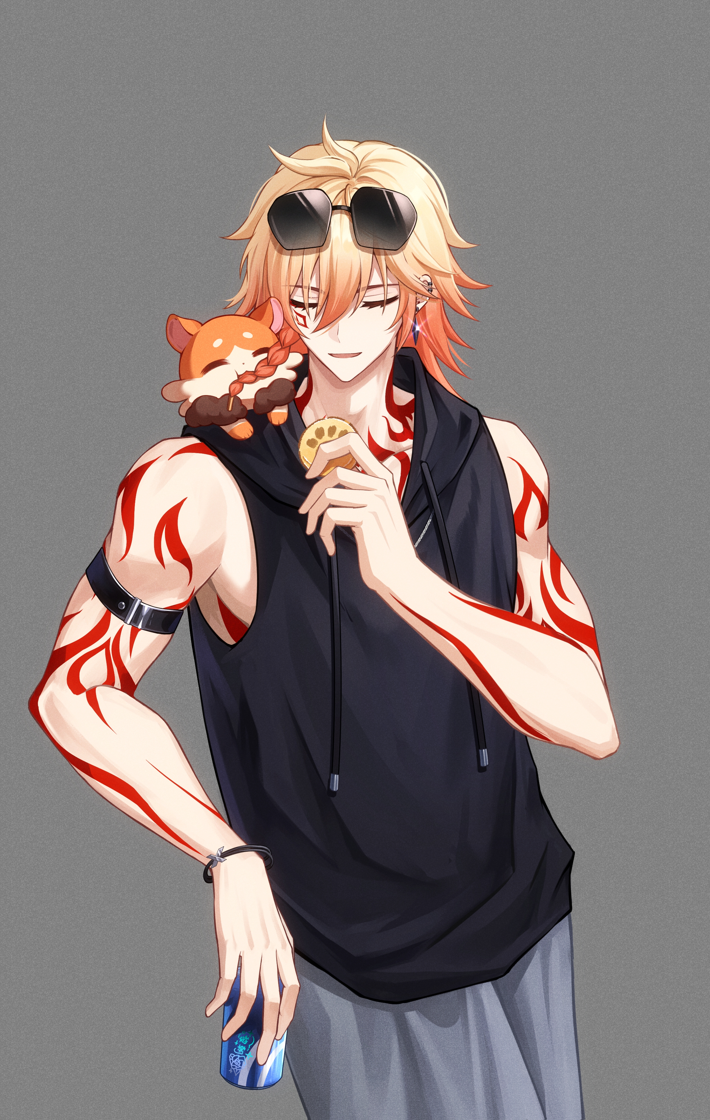 mydei (fig stew) (honkai: star rail), mydei (honkai: star rail), honkai: star rail, honkai (series), absurdres, highres, 1boy, armband, black hoodie, blonde hair, braid, can, chest tattoo, chimera (honkai: star rail), closed eyes, drawstring, earrings, eating hair, eyewear on head, facial tattoo, gold earrings, gold necklace, gradient hair, grey background, holding, holding can, hood, hood down, hoodie, jewelry, jiangzizhuiyue, male focus, medium hair, multicolored hair, necklace, pants, red hair, red tattoo, side braid, simple background, sleeveless, sleeveless hoodie, solo, sunglasses, sweatpants, tattoo