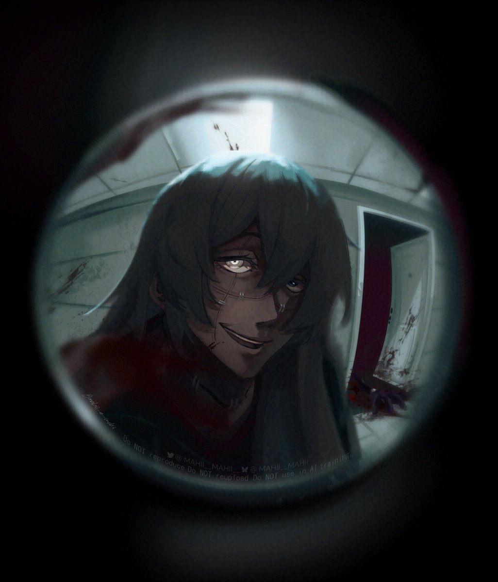 mahito (jujutsu kaisen), jujutsu kaisen, highres, 1boy, blood, blood splatter, evil smile, heterochromia, long hair, looking at viewer, mahii mahii, male focus, open door, peephole, pov peephole, smile, solo, stitched face, stitches, teeth, upper teeth only, white eyes
