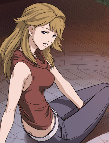 haruyama kazunori, yurika doujima, witch hunter robin, 00s, 1girl, belt, blonde hair, blue eyes, breasts, brown hair, butt crack, denim, female focus, jeans, large breasts, long hair, looking back, no panties, pants, sitting, sleeveless, smile, solo