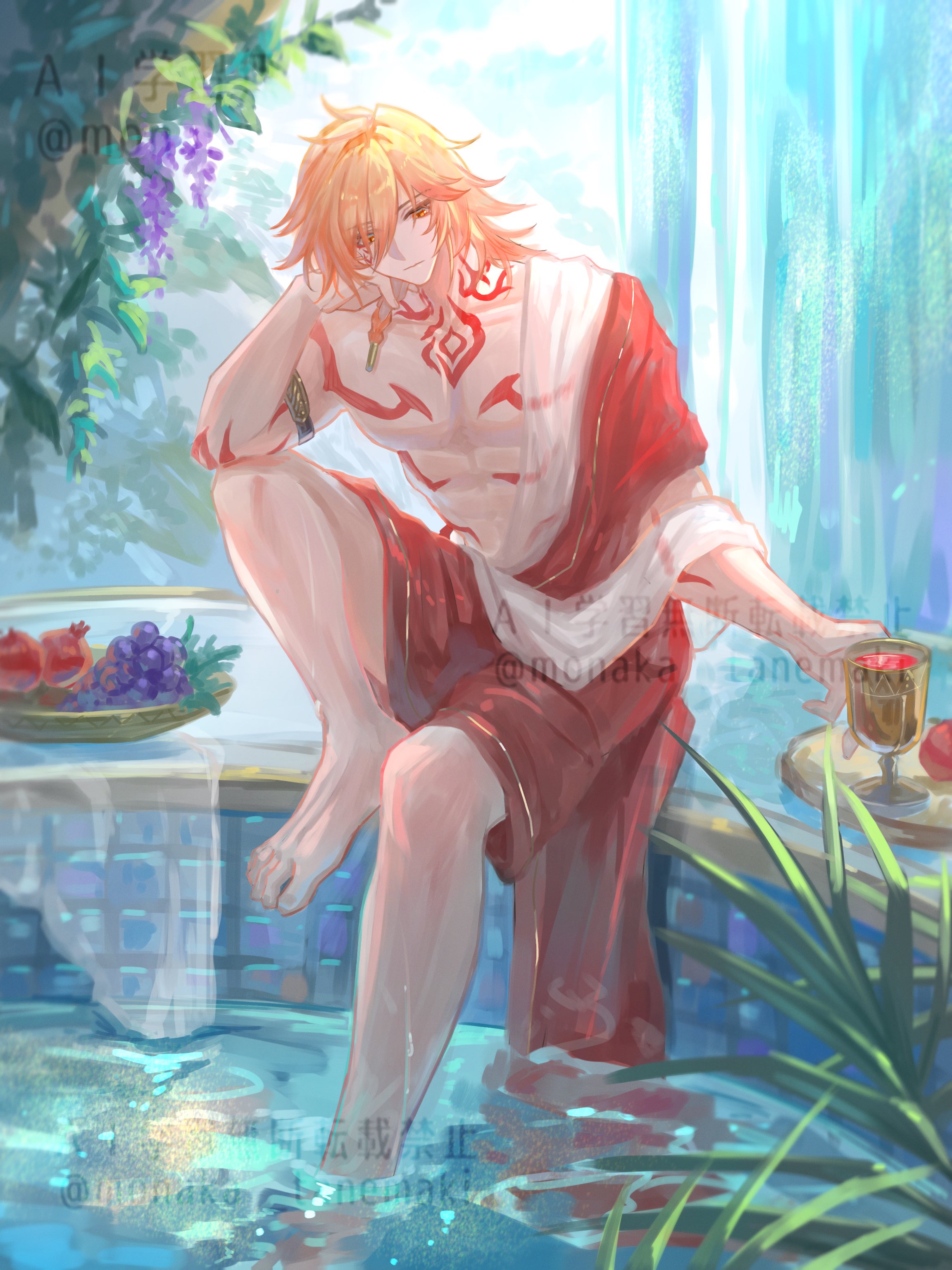 tanemaki monaka, mydei (honkai: star rail), honkai: star rail, honkai (series), absurdres, highres, 1boy, abs, armlet, bathhouse, blonde hair, braid, chest tattoo, facial tattoo, gradient hair, head rest, jewelry, male focus, medium hair, multicolored hair, red hair, red robe, red tattoo, robe, side braid, solo, tattoo, toned, toned male, watermark, wet, wet clothes, yellow eyes