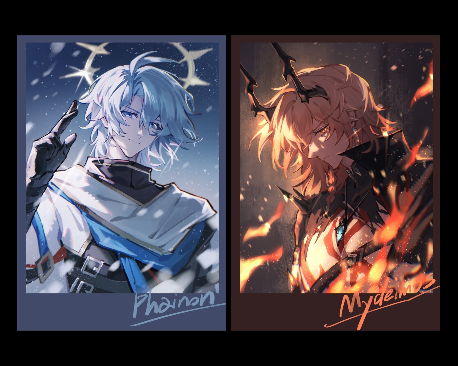 mydei (honkai: star rail), phainon (honkai: star rail), honkai: star rail, honkai (series), chinese commentary, commentary request, 2boys, antenna hair, black coat, black gloves, blonde hair, blue eyes, blue gemstone, braid, character name, chest strap, chest tattoo, coat, demon boy, demon horns, earrings, facial tattoo, gem, glint, gloves, gold earrings, gradient hair, halo, halo behind head, horns, jewelry, jiagujiagu93731, male focus, medium hair, multicolored hair, multiple boys, necklace, parted bangs, red hair, red tattoo, short hair, side braid, tattoo, torn clothes, torn coat, white hair, yellow eyes