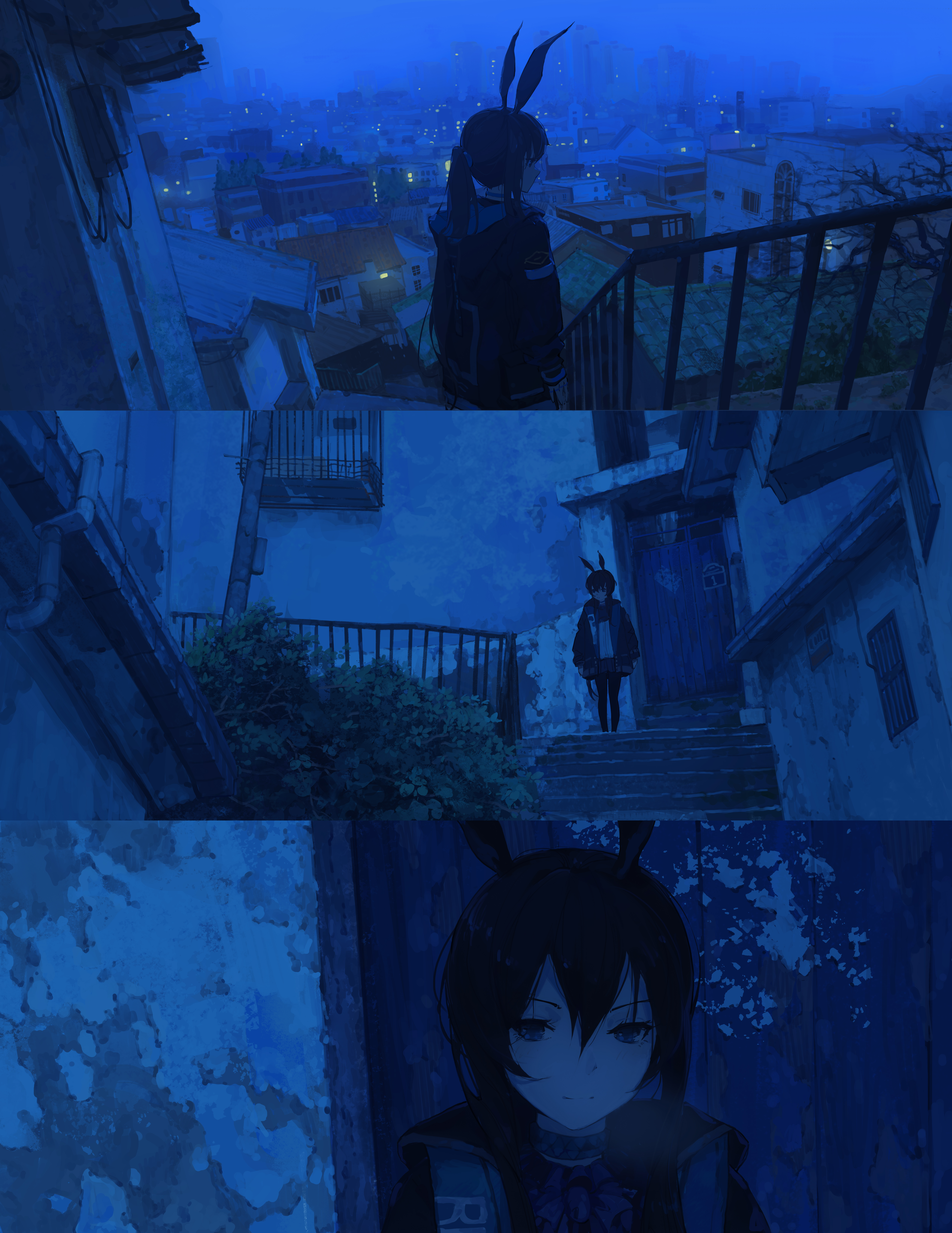 yolk (user sssk5878), amiya (arknights), arknights, absurdres, highres, 1girl, animal ears, black hair, black jacket, black pantyhose, black skirt, blue theme, cityscape, closed mouth, fog, from behind, hair between eyes, jacket, long hair, pantyhose, ponytail, rabbit ears, rabbit girl, shirt, skirt, smile, solo, upper body, white shirt