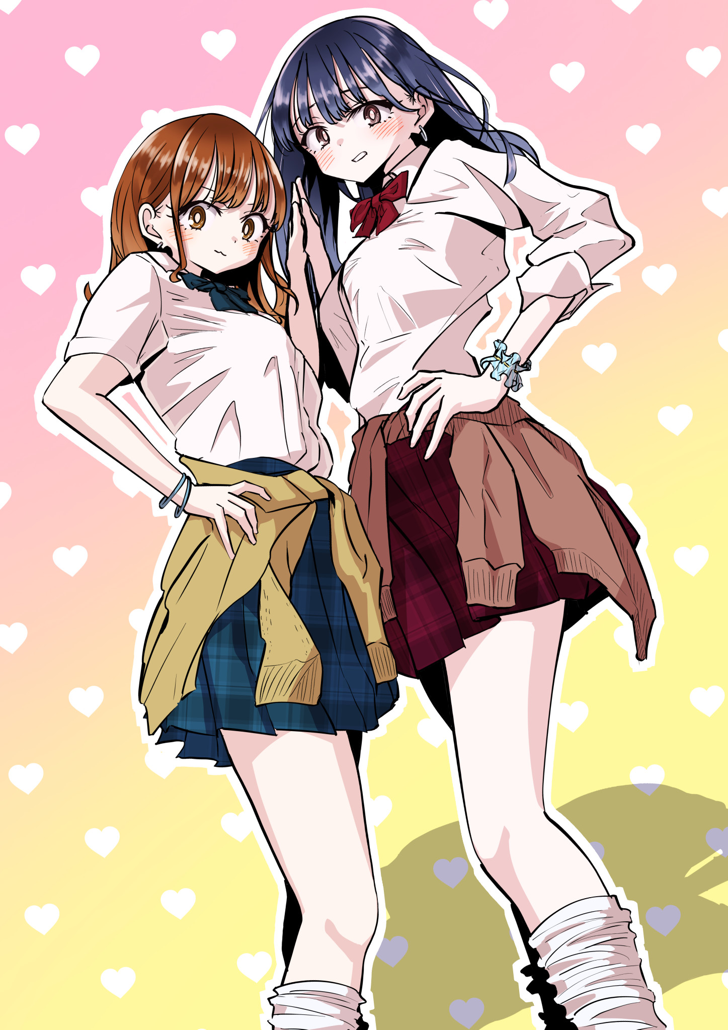 m2bou, sekine moeko, yamada anna, boku no kokoro no yabai yatsu, commentary request, highres, 2girls, alternate costume, black hair, blue bow, blue bowtie, blue scrunchie, blue skirt, bow, bowtie, bracelet, breasts, brown eyes, brown hair, clenched teeth, closed mouth, clothes around waist, disgust, gradient background, gyaru, hand on own hip, hand up, heart, heart background, holding hands, jewelry, long hair, looking at viewer, looking down, loose socks, multiple bracelets, multiple girls, outline, pink background, plaid clothes, plaid skirt, pleated skirt, red bow, red bowtie, red skirt, scrunchie, shirt, short sleeves, skirt, socks, teeth, white outline, white shirt, white socks, wrist scrunchie, yellow background