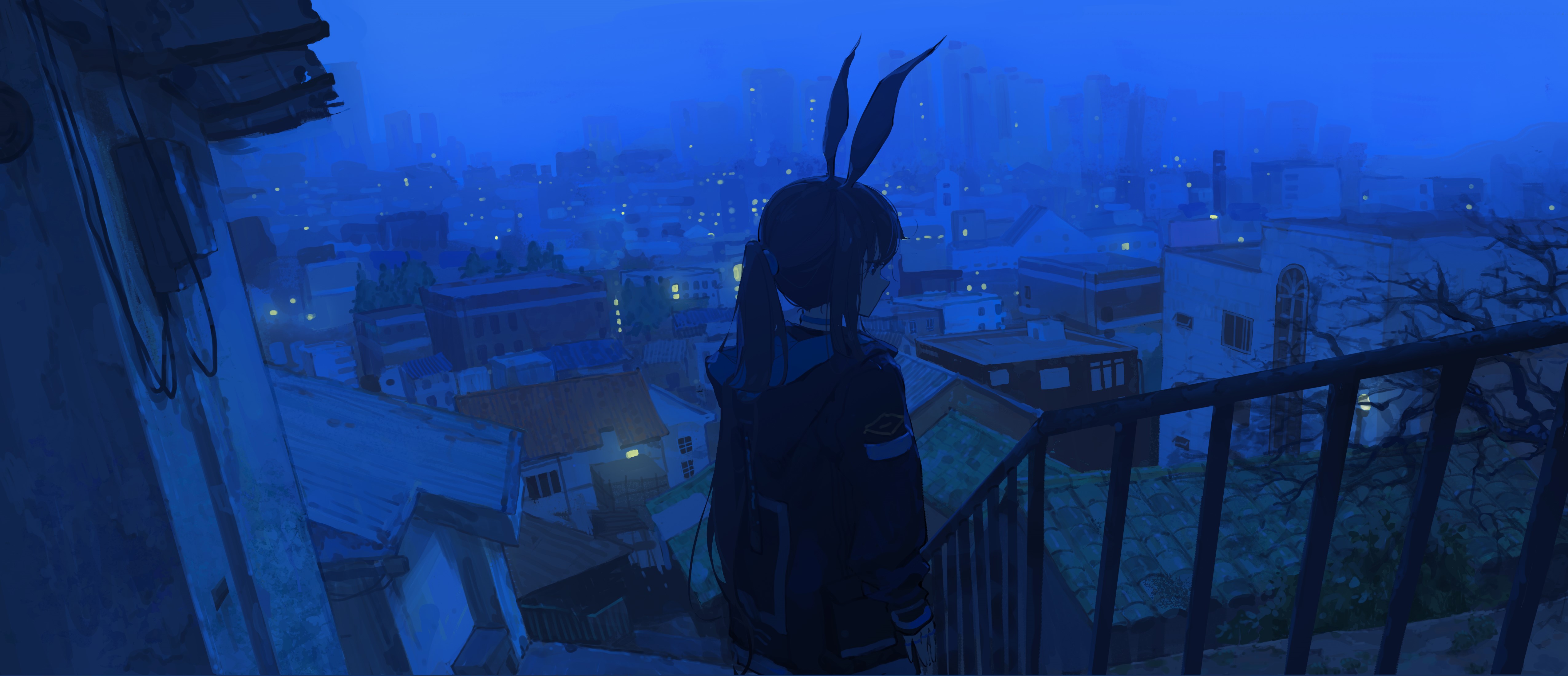 yolk (user sssk5878), amiya (arknights), arknights, absurdres, highres, 1girl, animal ears, black hair, black jacket, blue theme, cityscape, fog, from behind, jacket, long hair, ponytail, rabbit ears, rabbit girl, solo