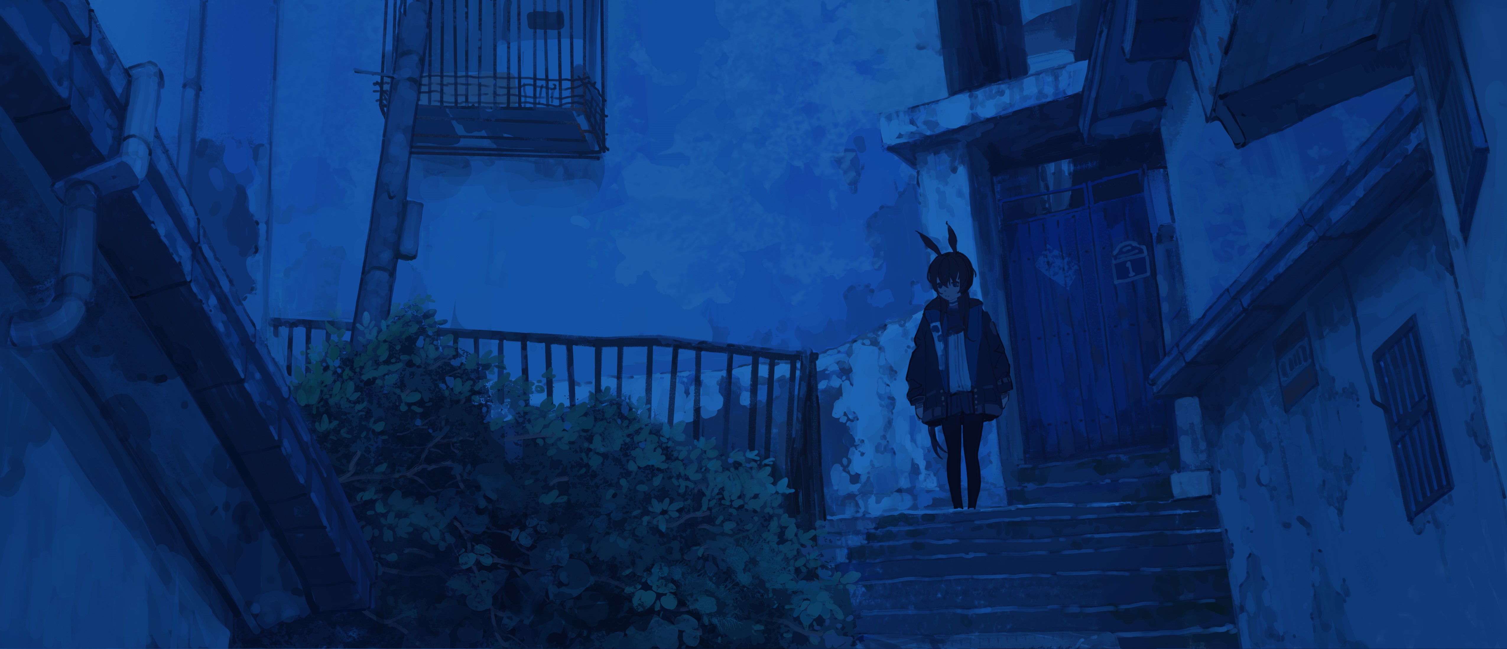yolk (user sssk5878), amiya (arknights), arknights, absurdres, highres, 1girl, animal ears, black hair, black jacket, black pantyhose, black skirt, blue theme, cityscape, fog, jacket, long hair, pantyhose, rabbit ears, rabbit girl, shirt, skirt, solo, white shirt