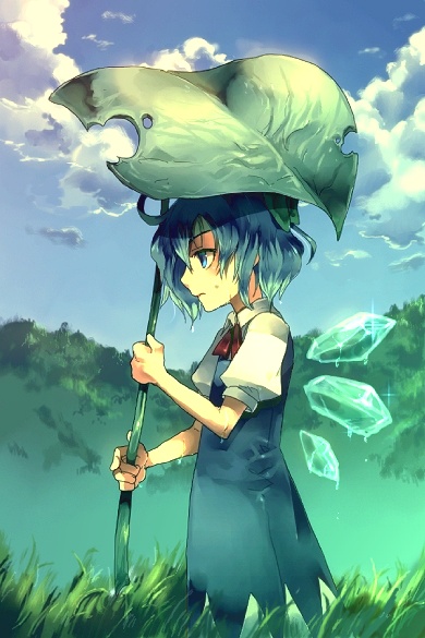 sunakumo, cirno, embodiment of scarlet devil, team shanghai alice, touhou, 1girl, blue eyes, blue hair, cloud, day, dress, female focus, gradient background, grass, leaf umbrella, matching hair/eyes, nature, outdoors, plant, profile, ribbon, short hair, sky, solo, standing, wet, wings