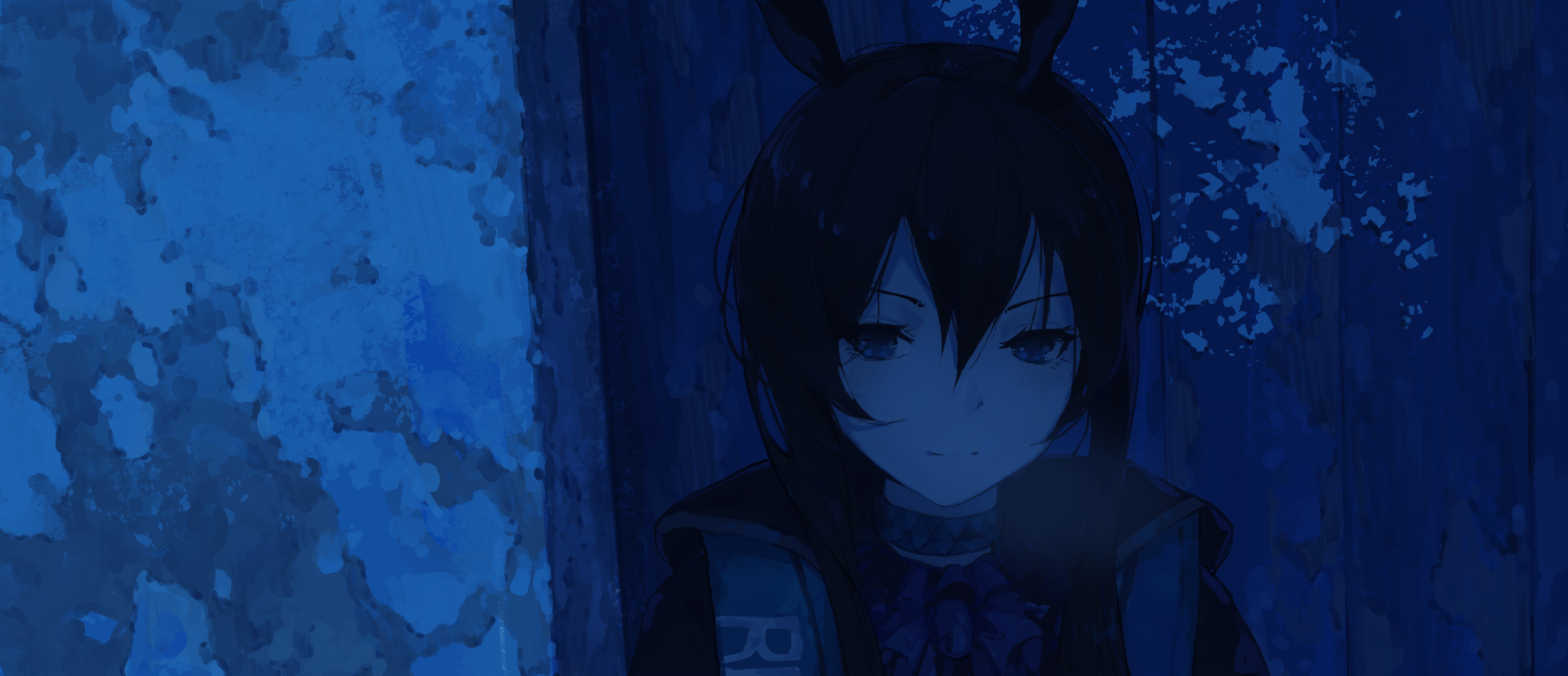 yolk (user sssk5878), amiya (arknights), arknights, absurdres, highres, 1girl, animal ears, black hair, black jacket, blue theme, cityscape, closed mouth, fog, hair between eyes, jacket, long hair, rabbit ears, rabbit girl, smile, solo, upper body