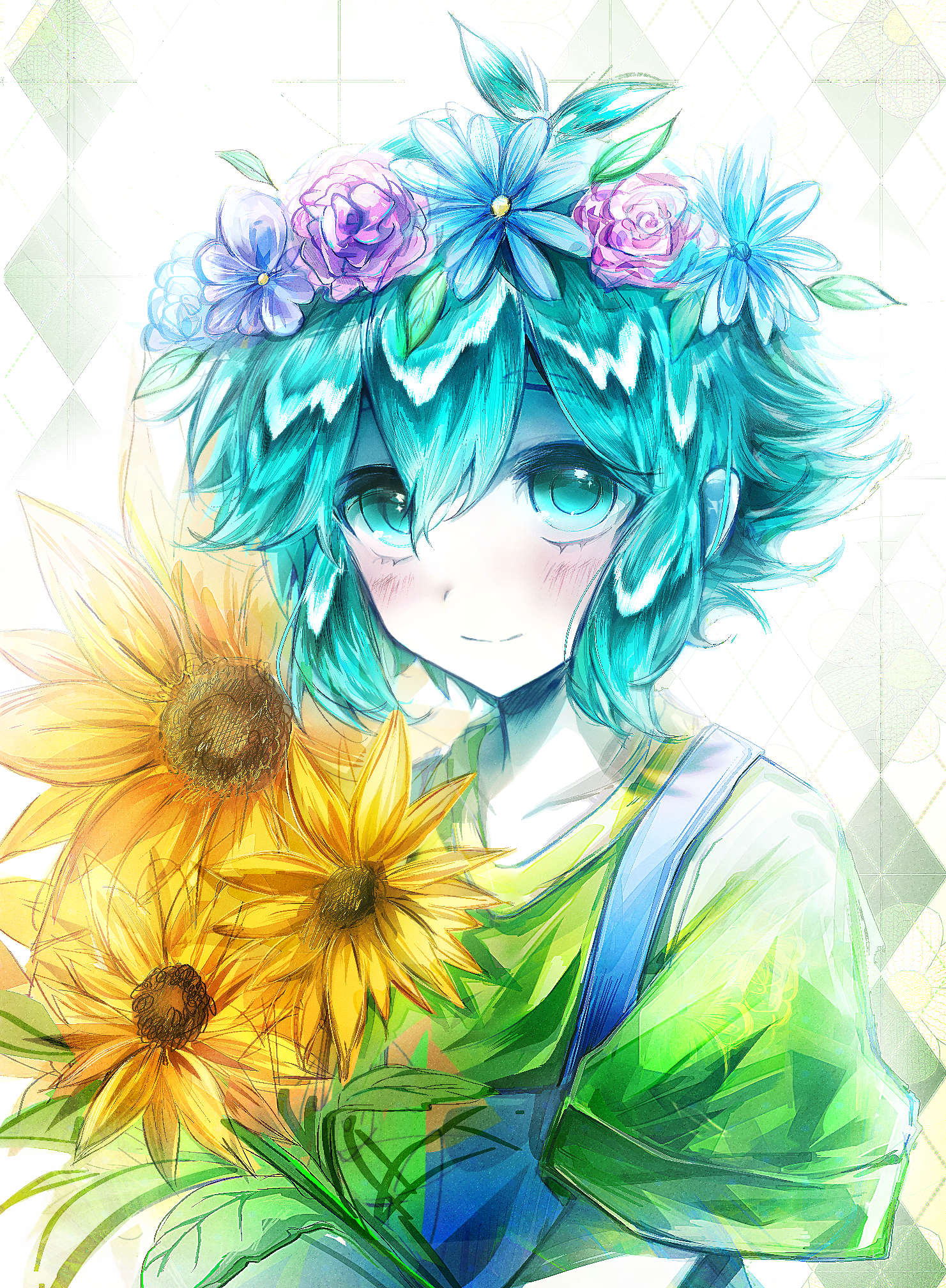 gangsiqiu zhansi, basil (headspace) (omori), basil (omori), omori, chinese commentary, commentary request, highres, 1boy, antenna hair, aqua eyes, aqua hair, argyle background, blue flower, blue overalls, blush, bouquet, closed mouth, colored skin, double-parted bangs, film grain, flipped hair, flower, flower wreath, grey background, hair between eyes, head wreath, holding, holding bouquet, leaf, looking at viewer, male focus, overalls, pink flower, pink rose, purple flower, purple rose, rose, shirt, short hair, short sleeves, sidelocks, simple background, smile, solo, sunflower, t-shirt, two-tone background, upper body, white background, white skin