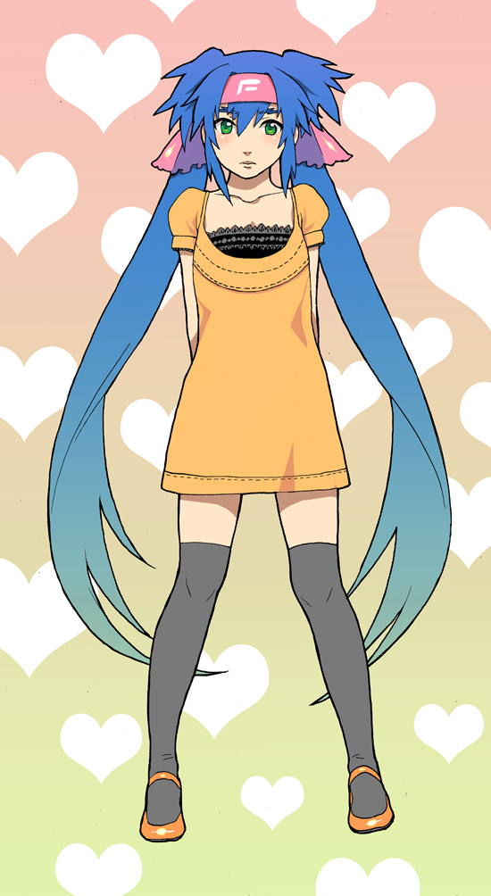 takase (harakiri), klan klein, macross, macross frontier, 00s, alternate costume, blue hair, blush, casual, contemporary, flat chest, green eyes, headband, kneehighs, long hair, socks, solo, thighhighs, twintails