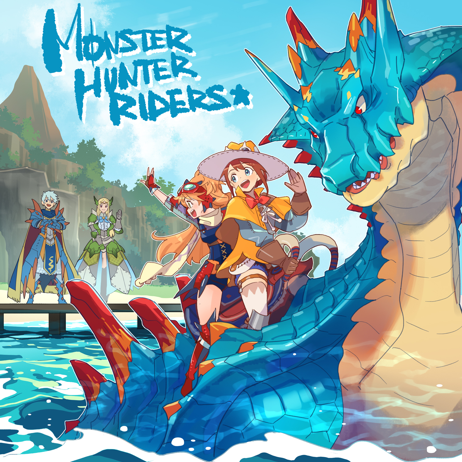 fuse ryuuta, lagiacrus, monster hunter (series), character request, highres, 1boy, 3girls, armor, armored dress, beach, blonde hair, blue eyes, blue overalls, blue screen of death, blue shorts, blue sky, brown eyes, brown gloves, brown hair, cape, capelet, copyright name, dress, full armor, gauntlets, gloves, goggles, goggles on head, grey hair, grey shirt, hat, long hair, long sleeves, monster, monster hunter riders, mountain, multiple girls, open mouth, orange capelet, orange hair, overalls, red eyes, scales, shirt, short hair, shorts, shoulder armor, sky, water, wide brim