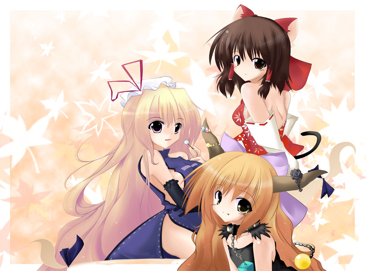 kiki (koikuchikinako), kiki (pixiv), hakurei reimu, ibuki suika, yakumo yukari, touhou, 3girls, adapted costume, animal ears, back, blonde hair, bow, breasts, brown hair, cat ears, cat girl, chain, collar, detached sleeves, elbow gloves, female focus, gloves, hair bow, hair tubes, hat, horns, kemonomimi mode, leaf, long hair, looking at viewer, maple leaf, multiple girls, naked tabard, ribbon, short hair, sideboob, tabard, tongue, tongue out, very long hair, yellow eyes