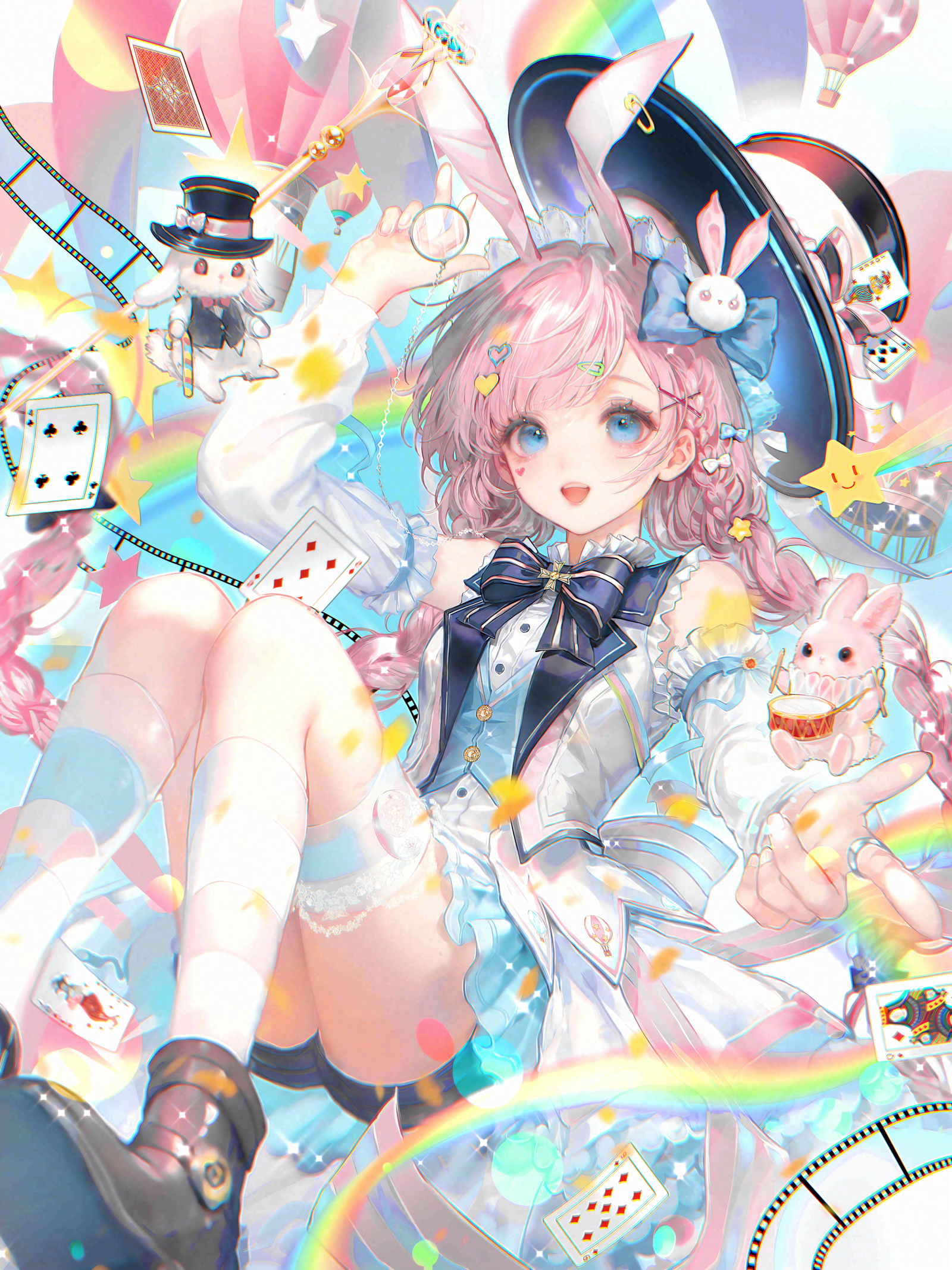 jingyu9, original, chinese commentary, commentary request, highres, large variant set, variant set, 1girl, :d, animal ears, arm up, balloon, black bow, black shorts, blue bow, blue eyes, blush, bow, bowtie, braid, buttons, card, chromatic aberration, confetti, detached sleeves, diamond (shape), frills, hair bow, hair ornament, hairclip, hat, heart, holding, kneehighs, long hair, long sleeves, looking at viewer, open mouth, pink hair, playing card, rabbit, rabbit ears, rabbit hair ornament, rainbow, shirt, shoes, shorts, smile, socks, solo, spade (shape), star (symbol), top hat, twin braids, very long hair, vest, white shirt, white sleeves, white socks