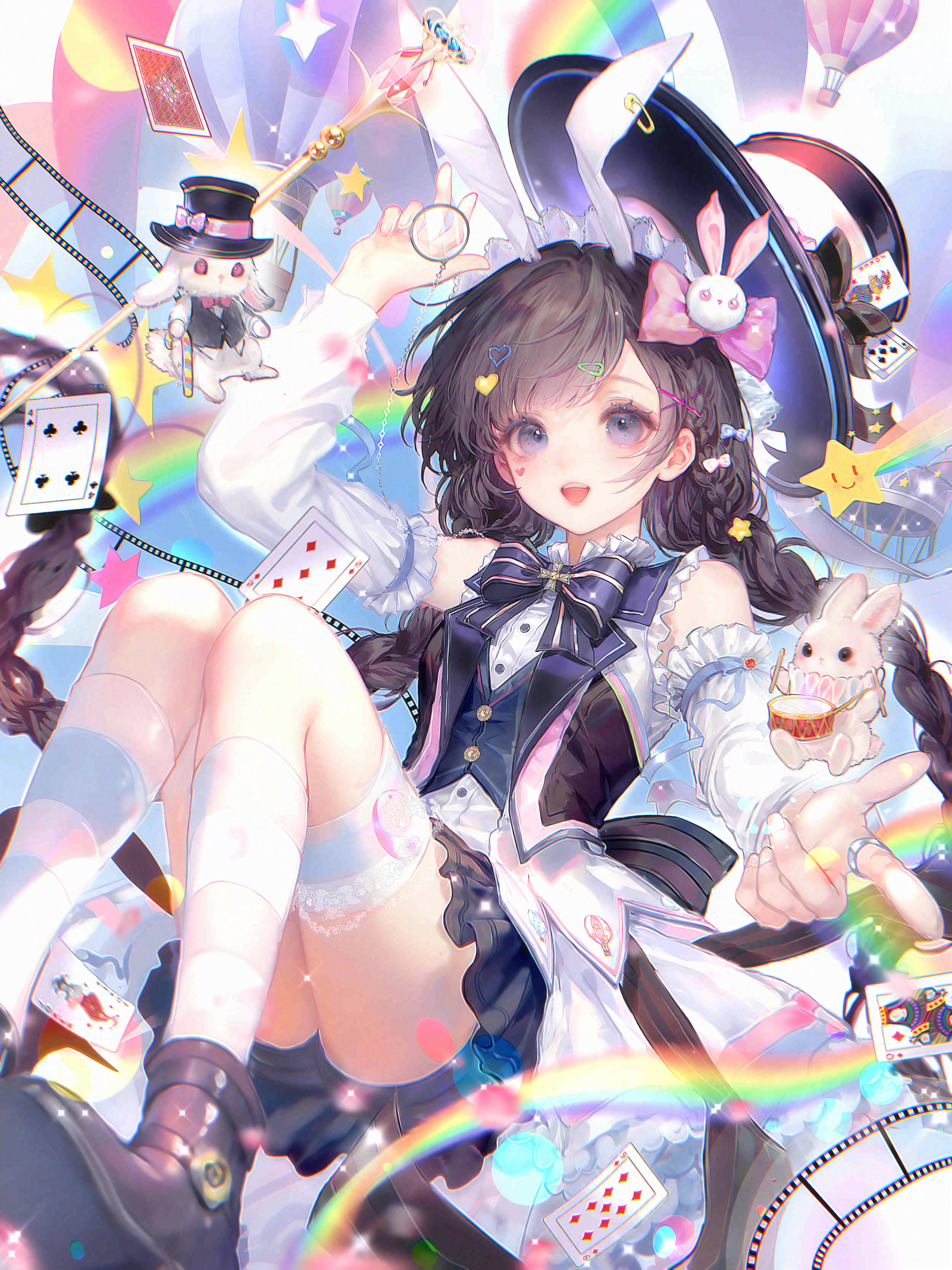 jingyu9, original, chinese commentary, commentary request, highres, large variant set, variant set, 1girl, :d, animal ears, arm up, bare shoulders, black bow, black hair, black skirt, blush, bow, bowtie, braid, buttons, card, detached sleeves, fake animal ears, frilled thigh strap, frills, hair bow, hair ornament, hairclip, hat, heart, heart hair ornament, holding, kneehighs, long hair, long sleeves, looking at viewer, open mouth, pink bow, playing card, pocket watch, rabbit, rabbit ears, rabbit hair ornament, rainbow, shirt, shoes, skirt, smile, socks, solo, spade (shape), star (symbol), thigh strap, top hat, twin braids, very long hair, vest, virtual youtuber, watch, white shirt, white socks