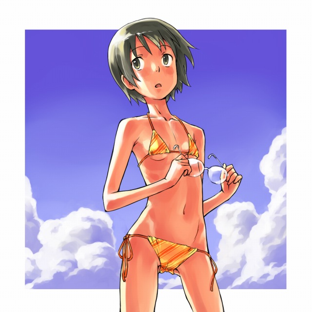mosha, okonogi yuuko, dennou coil, diagonal stripes, 00s, 1girl, bikini, black eyes, black hair, blush, day, female focus, glasses, panties, short hair, side-tie bikini bottom, side-tie panties, skinny, solo, striped bikini, striped clothes, swimsuit, underwear, yellow bikini