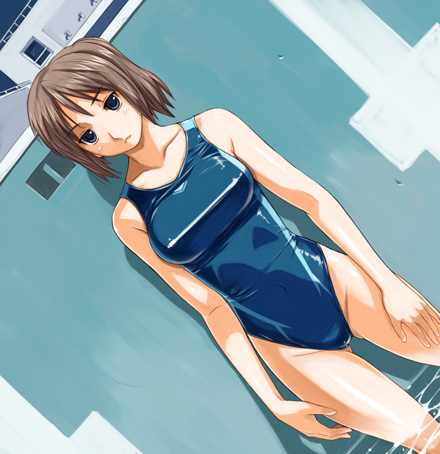 imo works, original, blue eyes, brown hair, dutch angle, one-piece swimsuit, school swimsuit, short hair, solo, swimsuit
