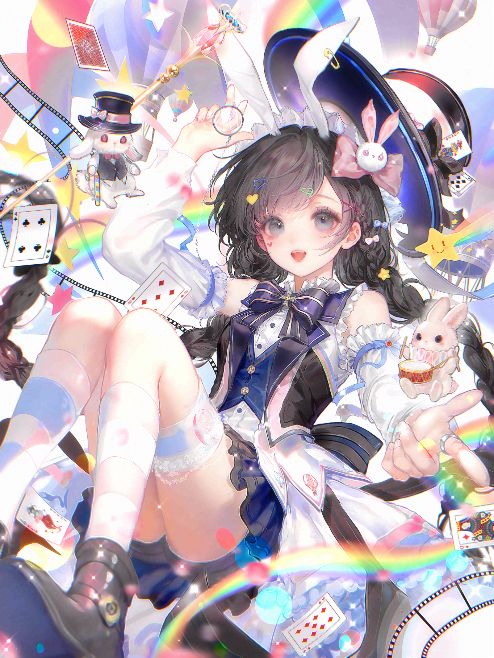 jingyu9, original, chinese commentary, commentary request, highres, large variant set, variant set, 1girl, :d, animal ears, arm up, balloon, bare shoulders, black hair, blue bow, blue vest, blush, boots, bow, bowtie, braid, buttons, card, cup, detached sleeves, fake animal ears, frilled thigh strap, frills, grey eyes, hair bow, hair ornament, hairclip, hat, heart, heart hair ornament, holding, kneehighs, long hair, long sleeves, looking at viewer, open mouth, playing card, pocket watch, purple bow, rabbit, rabbit ears, rabbit hair ornament, rainbow, shirt, skirt, smile, socks, solo, spade (shape), star (symbol), thigh strap, top hat, twin braids, twintails, very long hair, vest, watch, white shirt, white sleeves, white socks