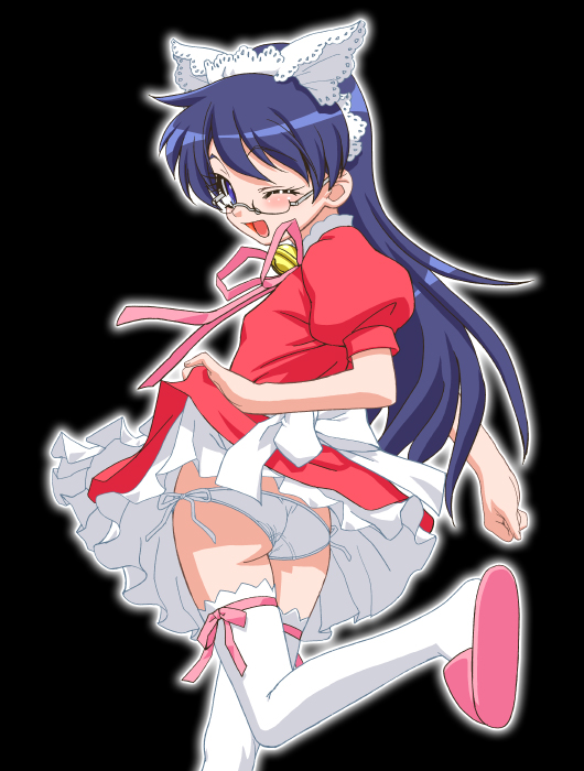 gambler club, nogami aoi, zettai karen children, 00s, bell, blue eyes, blue hair, clothes lift, glasses, loli, long hair, looking back, one eye closed, panties, side-tie panties, skirt, skirt lift, solo, thighhighs, underwear, wink