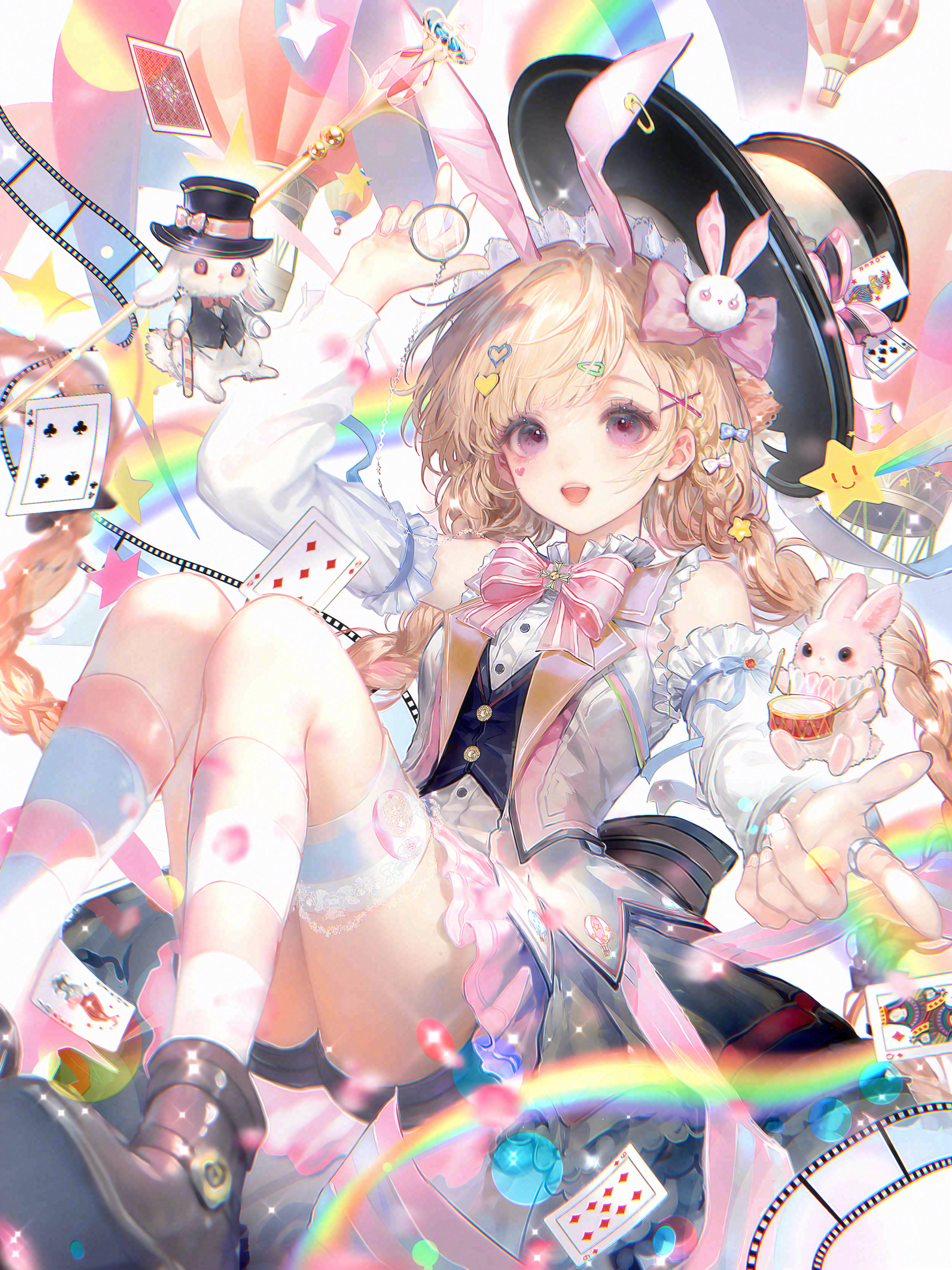 jingyu9, original, chinese commentary, commentary request, highres, large variant set, variant set, 1girl, :d, animal ears, arm up, balloon, black shorts, blonde hair, bow, bowtie, braid, card, detached sleeves, frills, hair bow, hair ornament, hairclip, hat, heart, holding, jewelry, kneehighs, long hair, long sleeves, looking at viewer, open mouth, pink bow, pink bowtie, pink eyes, playing card, rabbit, rabbit ears, rabbit hair ornament, rainbow, shirt, shorts, skirt, smile, socks, solo, star (symbol), top hat, twin braids, very long hair, vest, white shirt, white socks, yellow bow