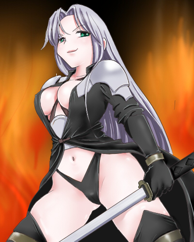 okurapuchi, sephiroth, final fantasy, final fantasy vii, silver hair, lowres, 1990s (style), 1girl, armor, black panties, breasts, cleavage, covered erect nipples, female focus, genderswap, genderswap (mtf), green eyes, large breasts, long hair, looking down, navel, panties, smirk, solo, sword, thighhighs, thong, underwear, weapon, wristband