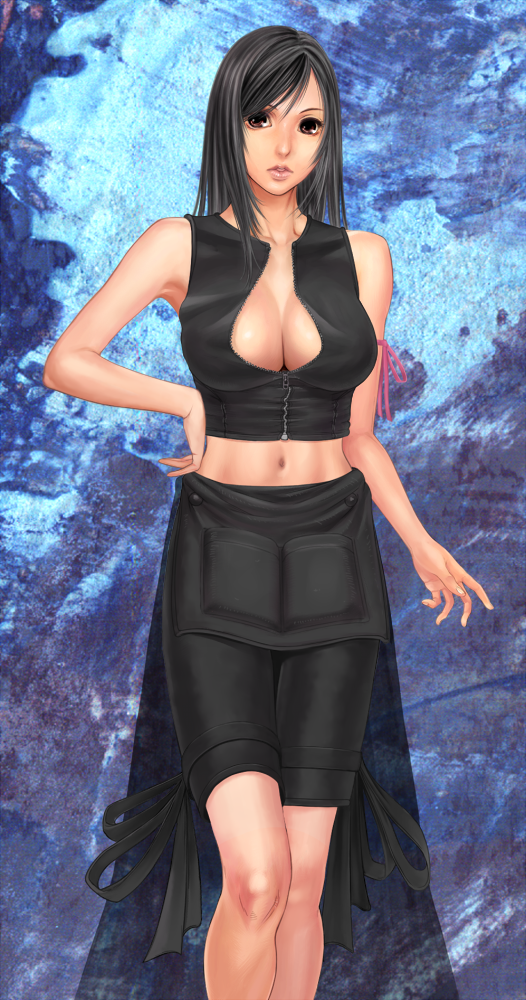 izumi (walnov), tifa lockhart, final fantasy, final fantasy vii, final fantasy vii advent children, 00s, 1990s (style), 1girl, black hair, breasts, brown eyes, cleavage, female focus, lips, midriff, navel, short hair, solo