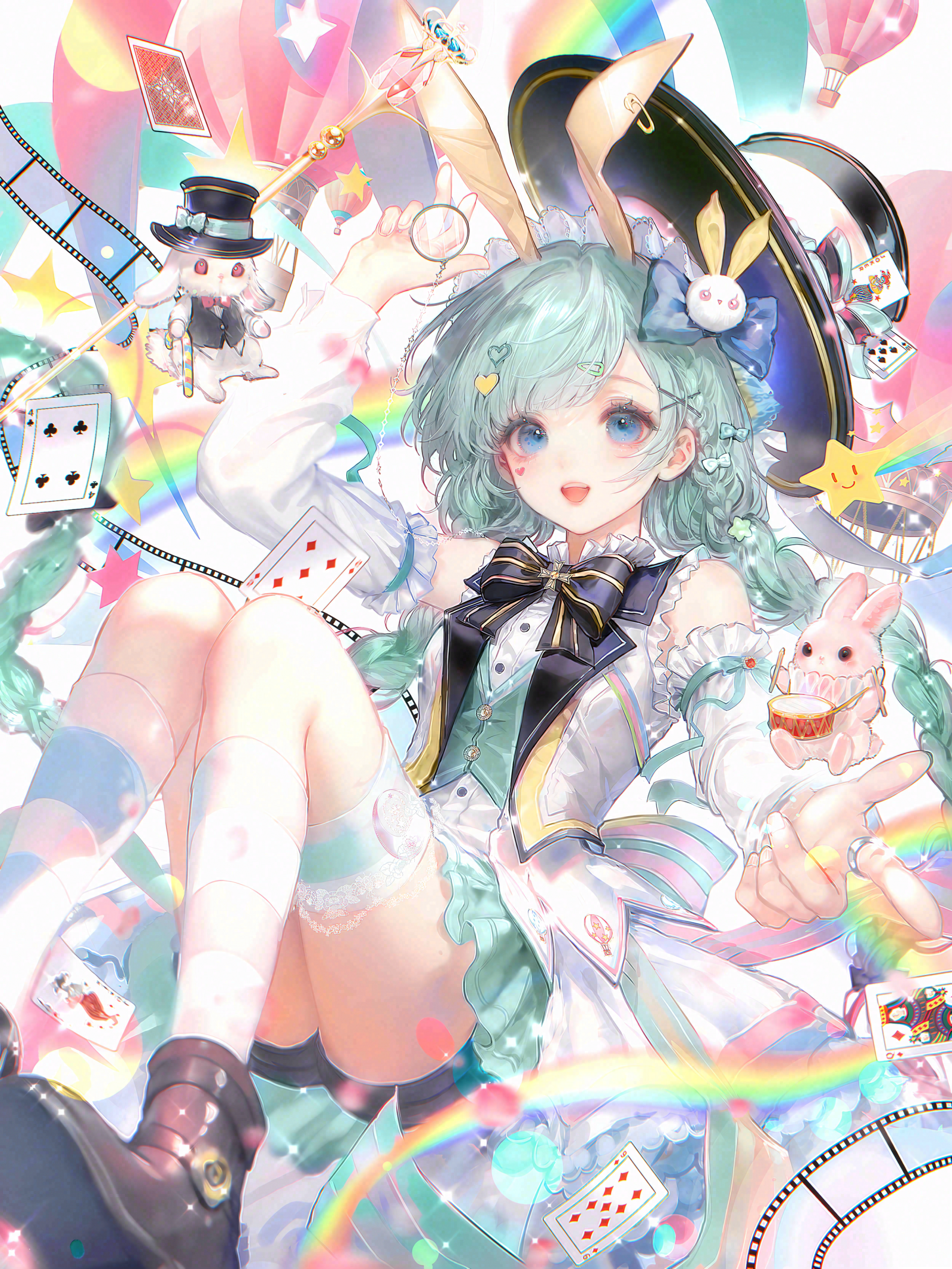 jingyu9, original, chinese commentary, commentary request, highres, large variant set, variant set, 1girl, :d, animal ears, balloon, black bow, black shorts, blue eyes, blush, bow, bowtie, braid, card, detached sleeves, dress, frills, green hair, hair ornament, hat, heart, holding, kneehighs, long hair, long sleeves, looking at viewer, open mouth, playing card, rabbit, rabbit ears, rainbow, shorts, smile, socks, solo, spade (shape), top hat, twin braids, white socks