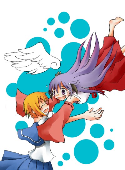 hanyuu, ryuuguu rena, higurashi no naku koro ni, 00s, 2girls, angel wings, bad anatomy, blush, closed eyes, horns, japanese clothes, long hair, multiple girls, orange hair, poorly drawn, purple eyes, purple hair, school uniform, serafuku, short hair, tears, wings