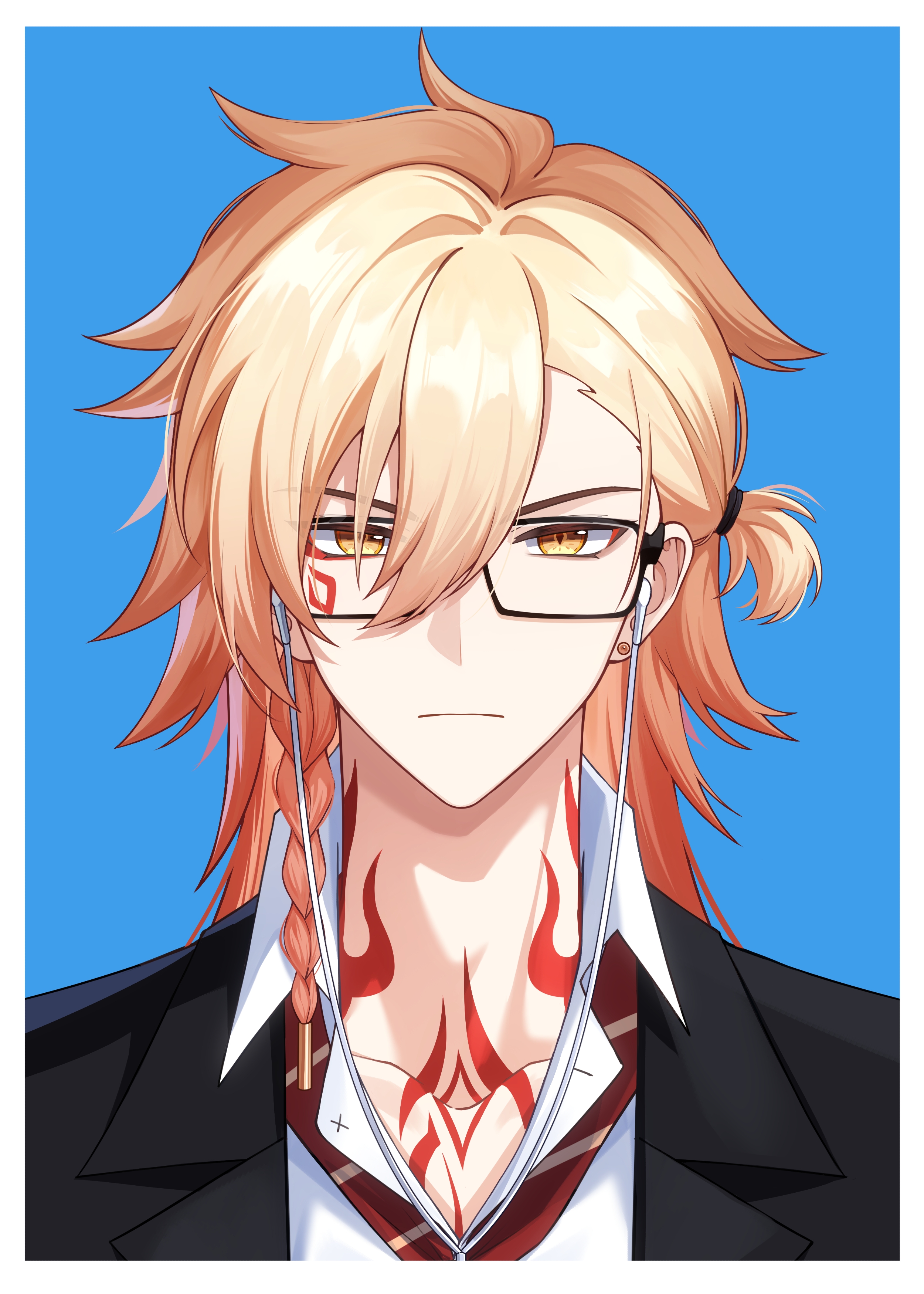 mydei (honkai: star rail), honkai: star rail, honkai (series), absurdres, chinese commentary, commentary request, highres, 1boy, black jacket, blonde hair, blue background, braid, chest tattoo, collarbone, collared shirt, earphones, facial tattoo, glasses, gradient hair, jacket, jewelry, jiangzizhuiyue, male focus, medium hair, multicolored hair, neck tattoo, necktie, ponytail, red hair, red necktie, red tattoo, shirt, side braid, simple background, solo, tattoo, white shirt, yellow eyes